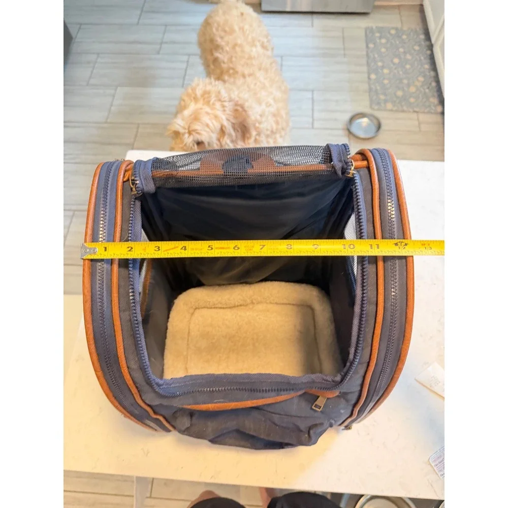 Pet Carrier Backpack Navy Canvas Faux Leather Trim Small Dog Cat Travel Bag